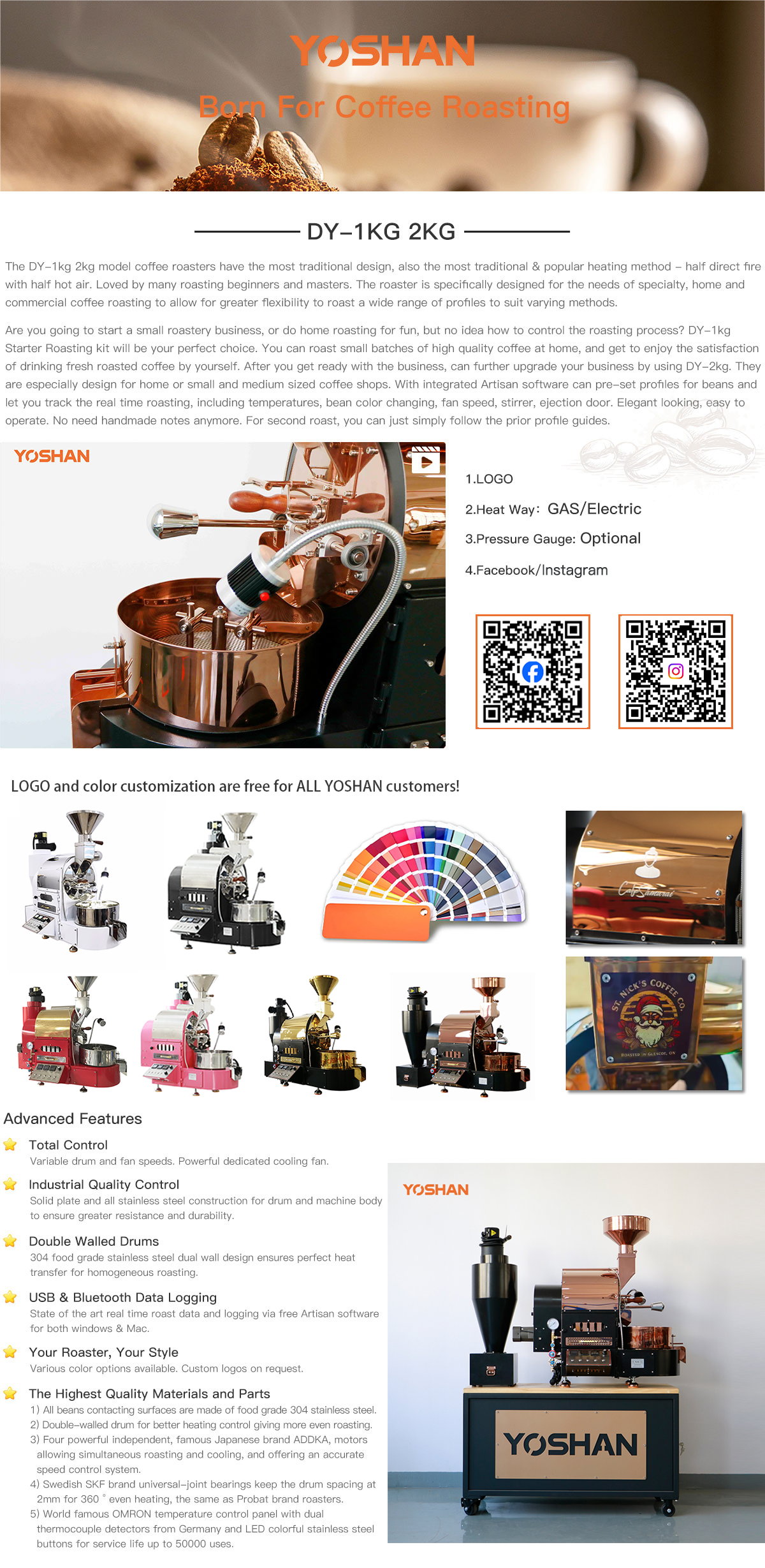 Yoshan DY-1KG/2 KG Gas Electric Coffee Roaster(图1)